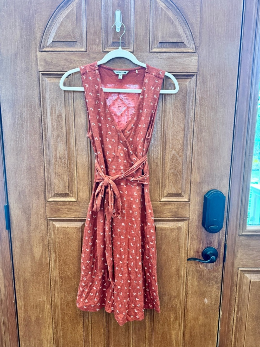 Toad&Co Rust Printed Wrap Midi Dress with Tie Waist